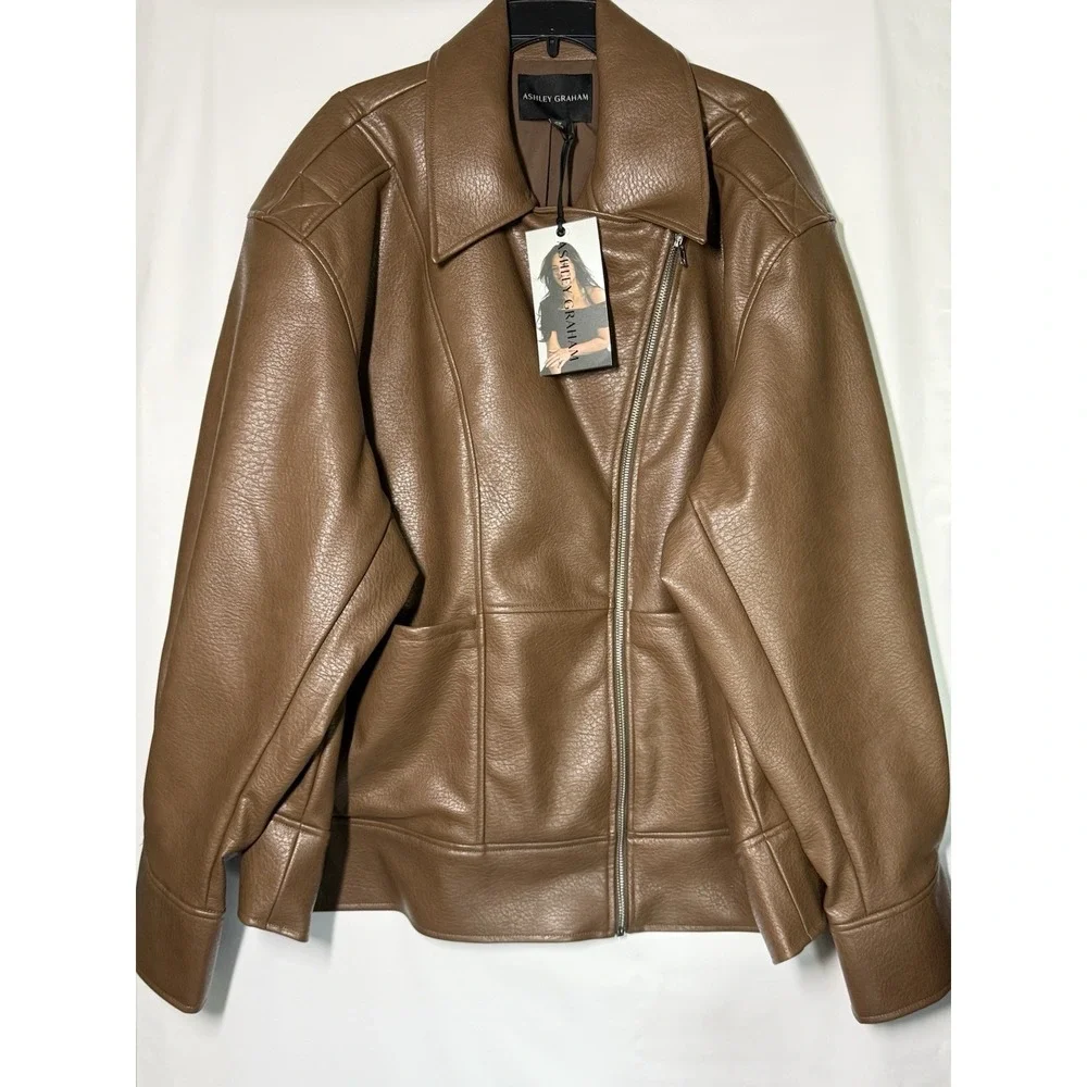 New Ashley Graham Women 4X Brown Faux Leather Midweight Motorcycle Jacket